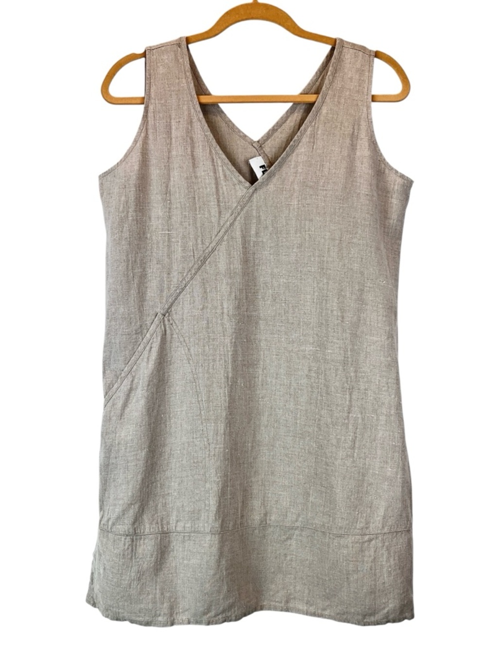 FLAX 100% Linen Shift Dress Sleeveless Natural Pocket Button Detail at Hem Sz S